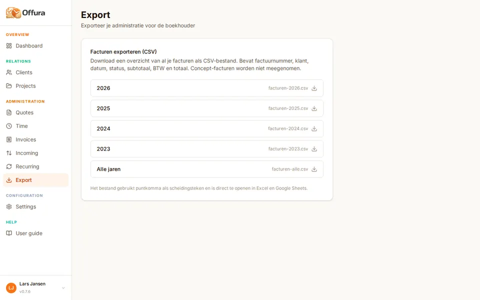 Export for accountant in Offura