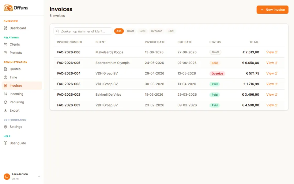 Invoice overview in Offura