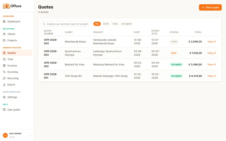 Quote overview in Offura